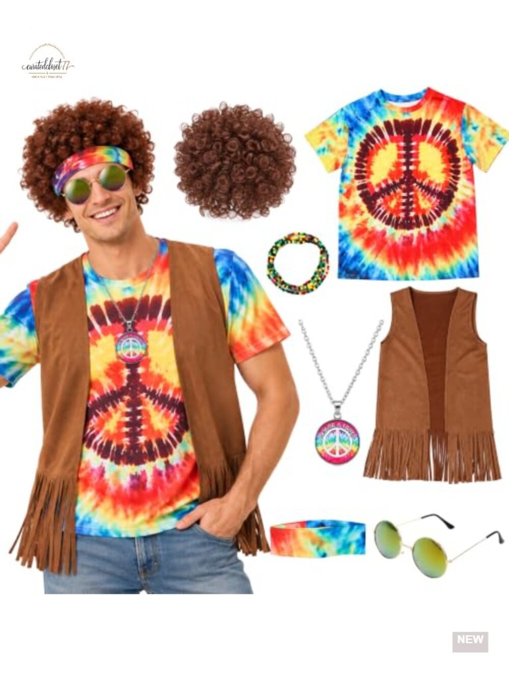Men's 1970s Hippy Costume Set Tie Dye Shirt Afro Wig Peace Necklace